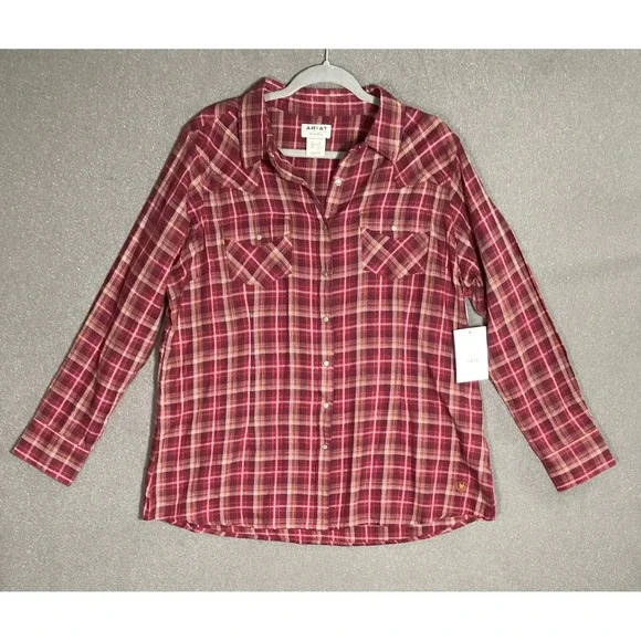 Ariat Real Womens Trailblaze Snap Shirt 1X Maroon Plaid Western Cowgirl Core NWT - Picture 1 of 9